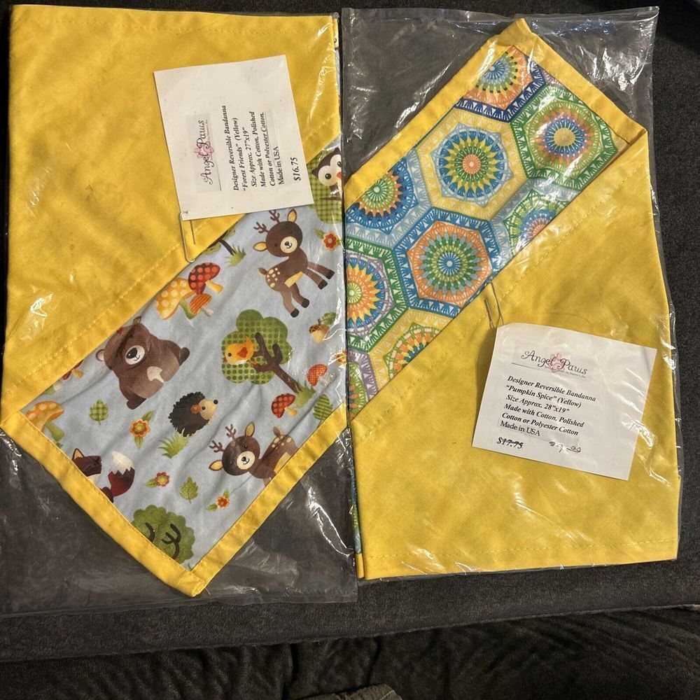 Lot Of 2 Angel Paws Dog Bandanas, Yellow Reversible